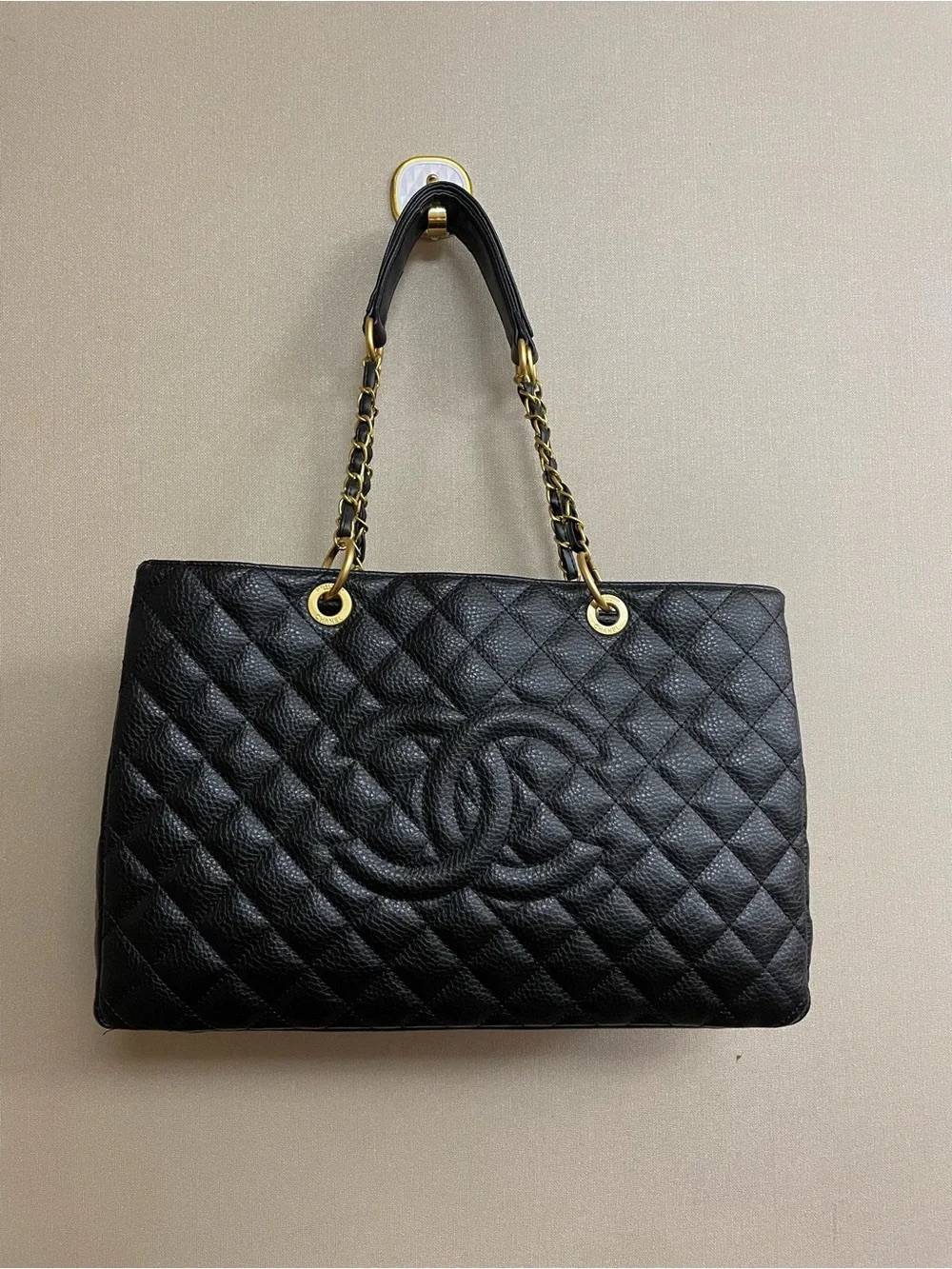 CHANEL Black Quilted Leather Tote with Gold Chain Straps